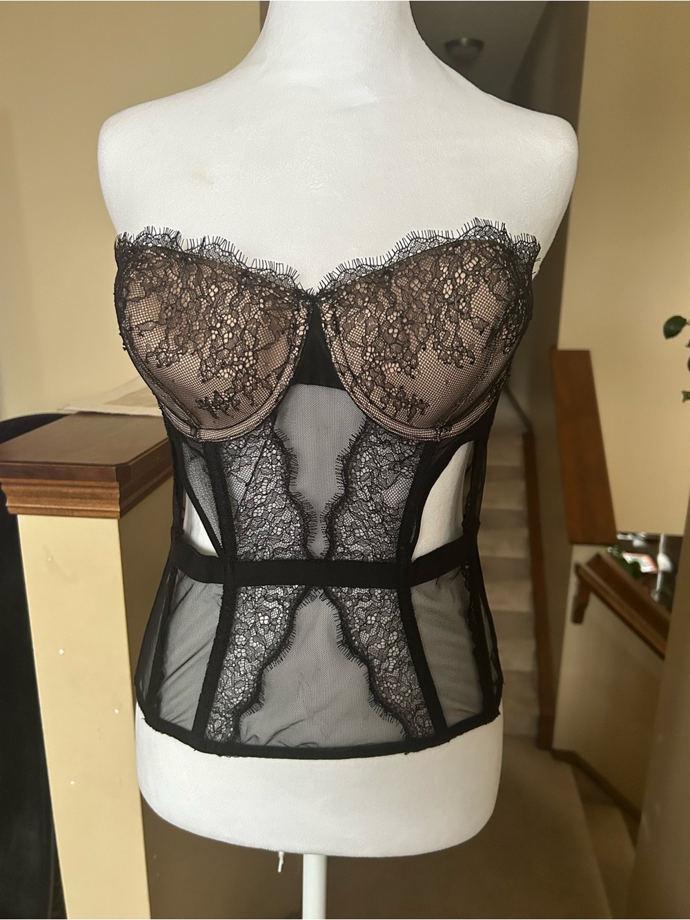 Very Sexy Lace Bustier Corset Top with underwire and Boning- Black/Nude